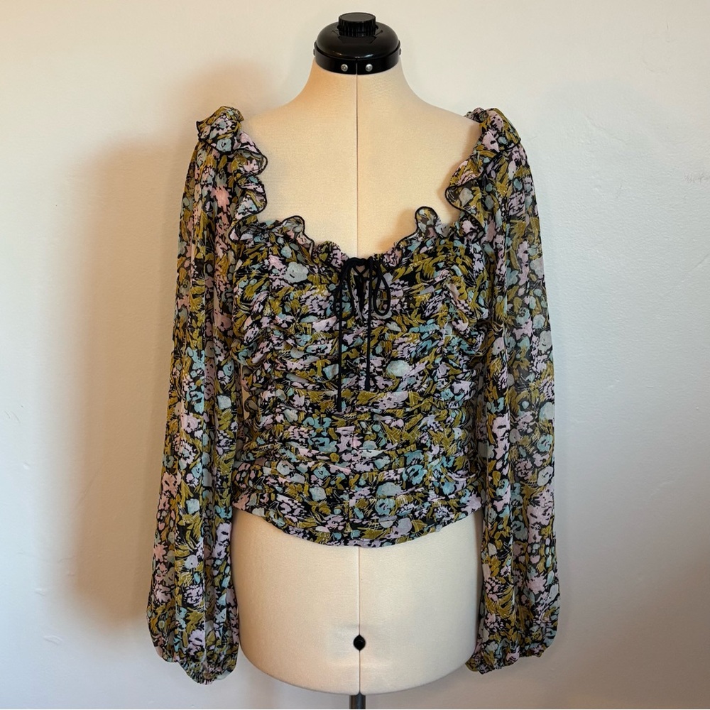 Free People Mabel Multi Floral Printed Ruched Blouse, Dramatic Balloon Sleeve, M